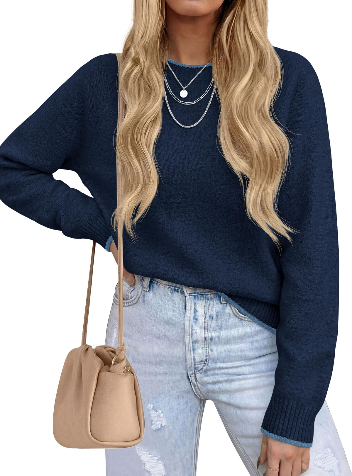 PRETTYGARDEN Womens Crewneck Fall Sweaters Pullover Tops Soft Stretchy Knit,Raglan Long Sleeve,Ribbed Cuffs,Color Block,Casual Daily Outfits,Office Work Clothes,Winter Layering Wear