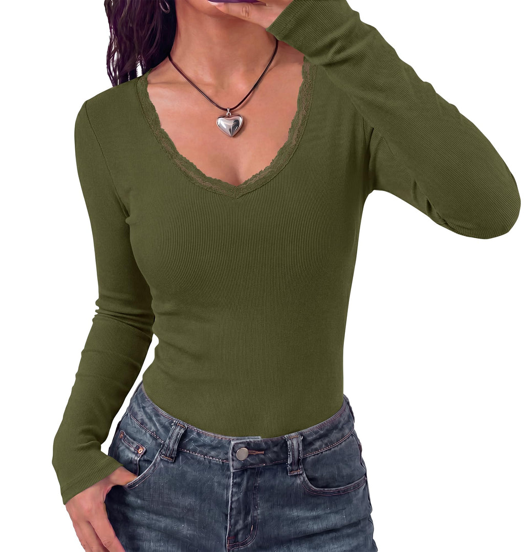 BTFBM Lace Deep V Neck Fitted Long Sleeve Shirts for Women | Womens Fall Fashion, Casual T Shirt, Base Layer, Basic Undershirts, Slim Fit Going Out Tops, Date Night Out Outfits
