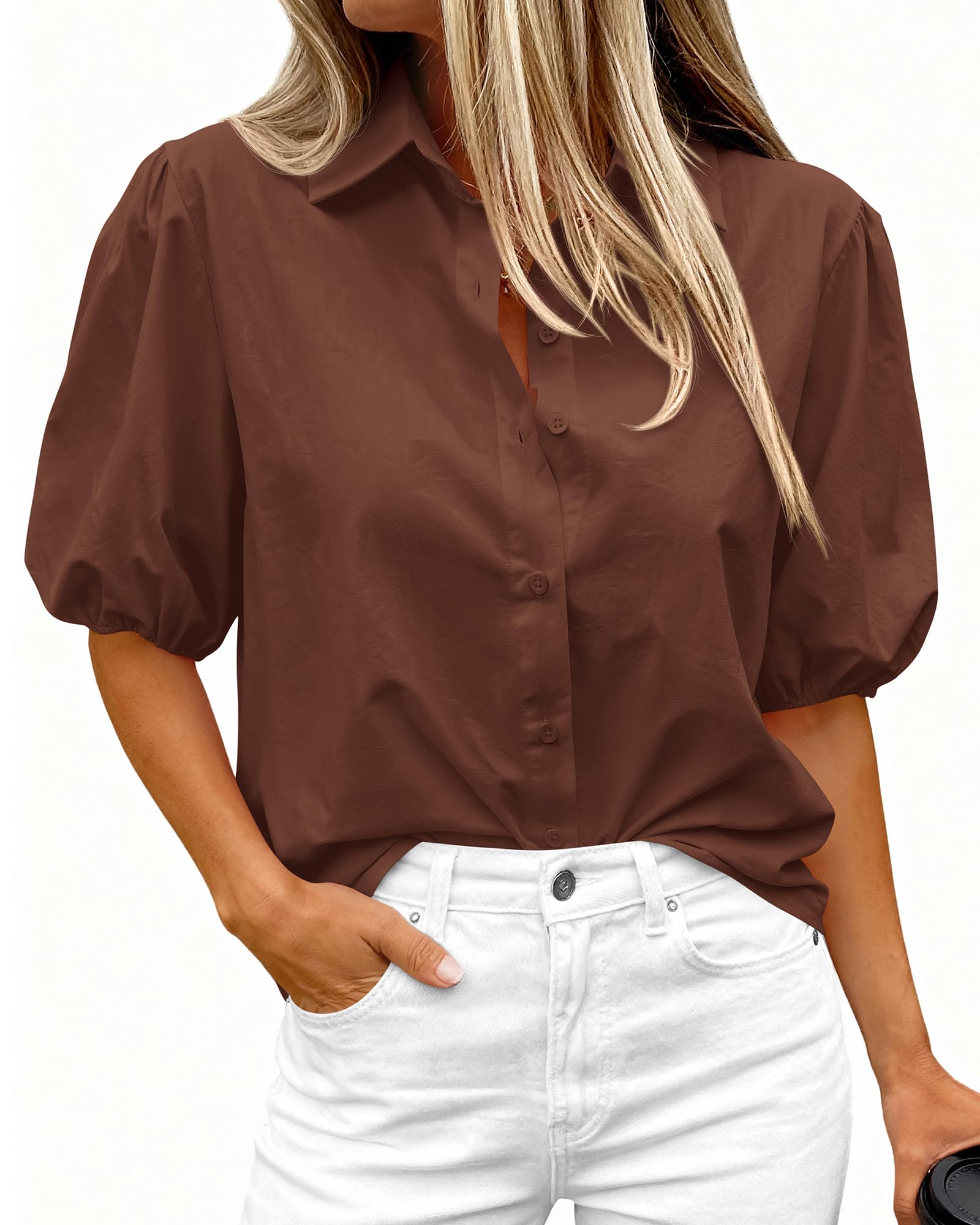 BTFBM Women's Button Down Shirts Short Puff Sleeve Collared V Nec Summer Tops Dressy Casual Work Business Blouses
