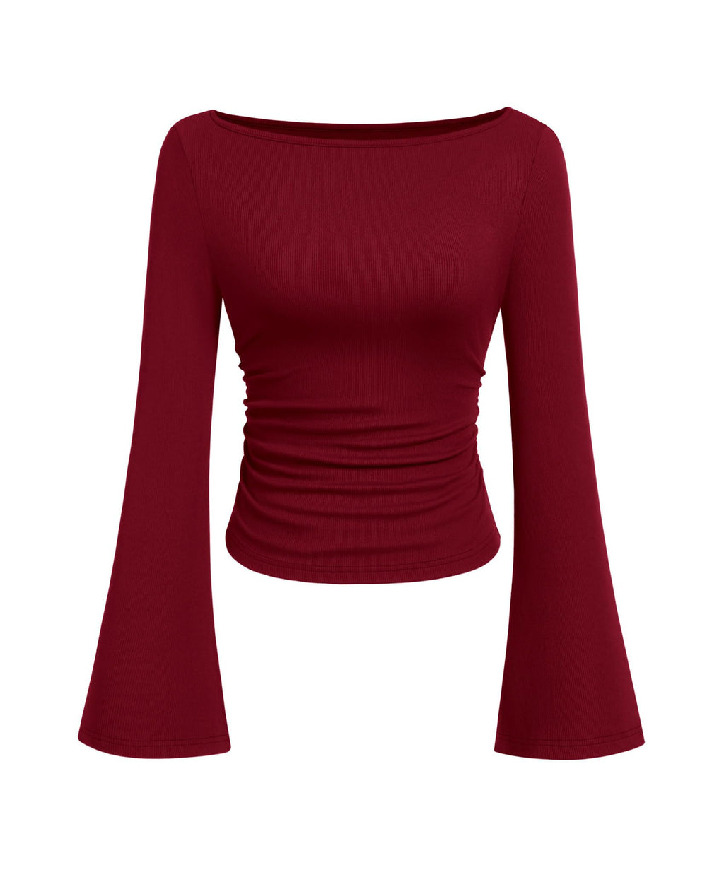 PRETTYGARDEN Women's Long Sleeve Shirts Fall Crop Going Out Tops Casual Boat Neck Bell Sleeve Ribbed Ruched Y2K Clothes