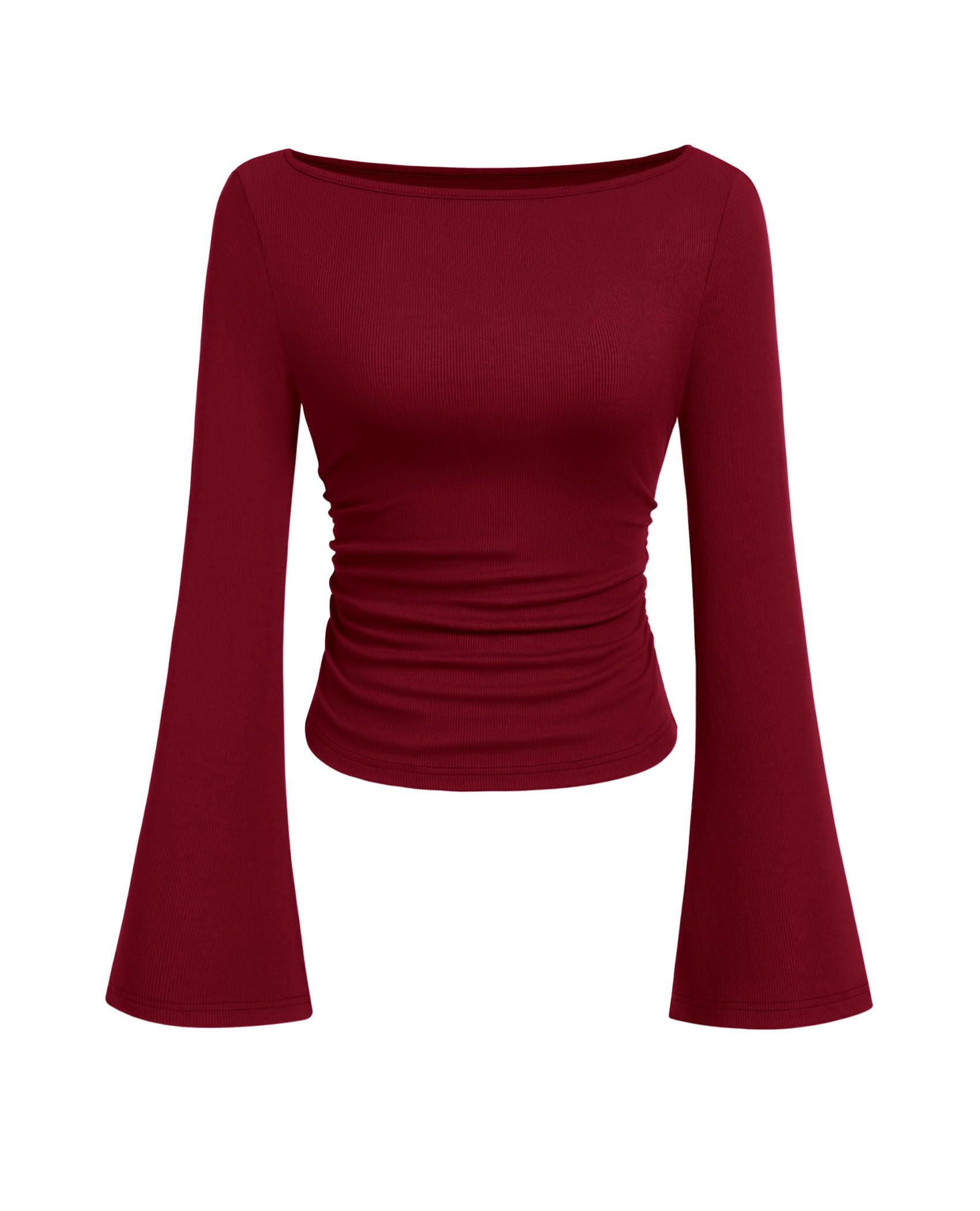 PRETTYGARDEN Women's Long Sleeve Shirts Fall Crop Going Out Tops Casual Boat Neck Bell Sleeve Ribbed Ruched Y2K Clothes