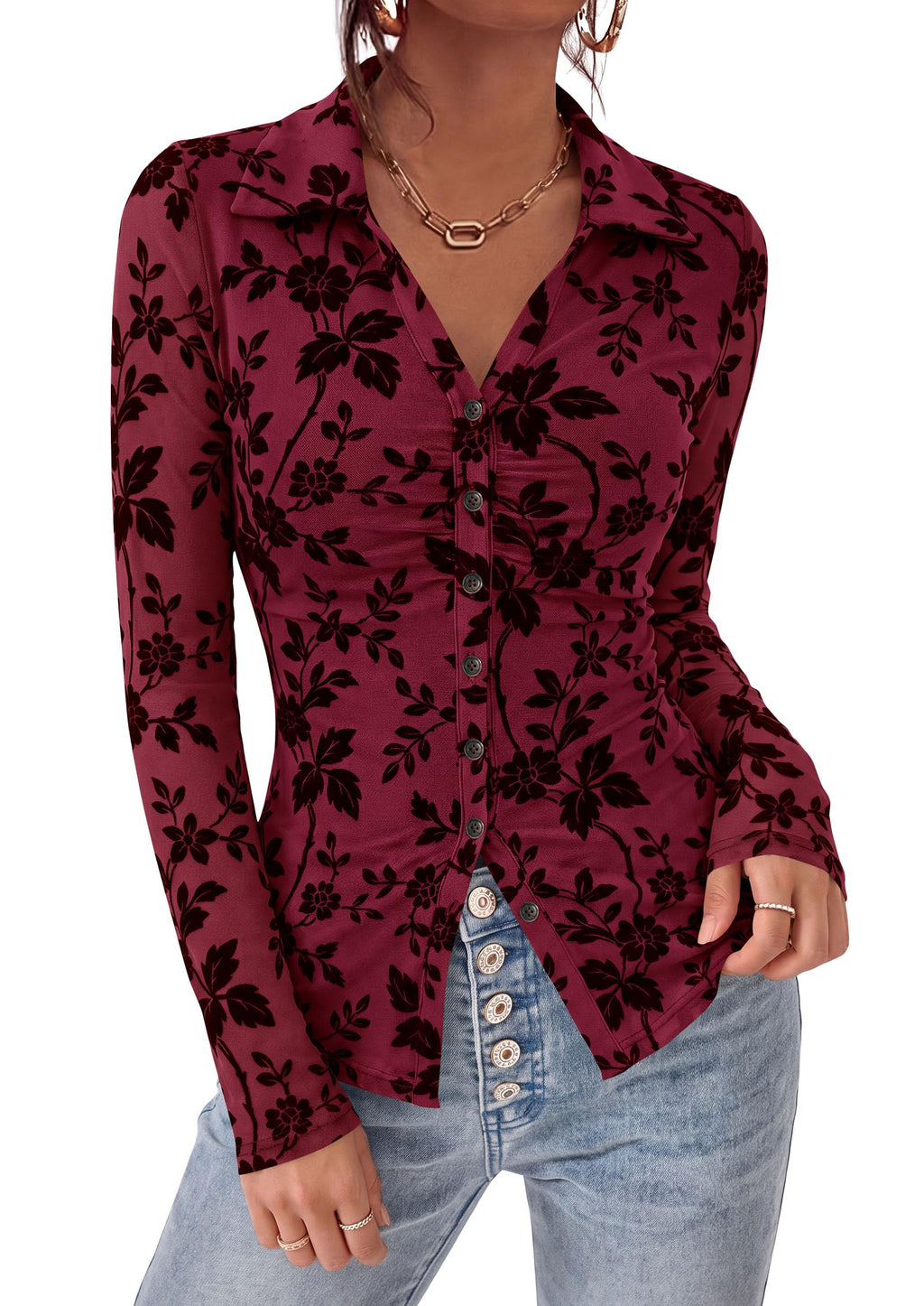 PRETTYGARDEN Women's Long Sleeve Floral Mesh Boho Tops Button Down Shirts Fall Blouses Dressy, Ruched Slim Fit, Collared V Neck, Trendy Going Out Date Night Outfit, Elegant Casual Work Office Clothes