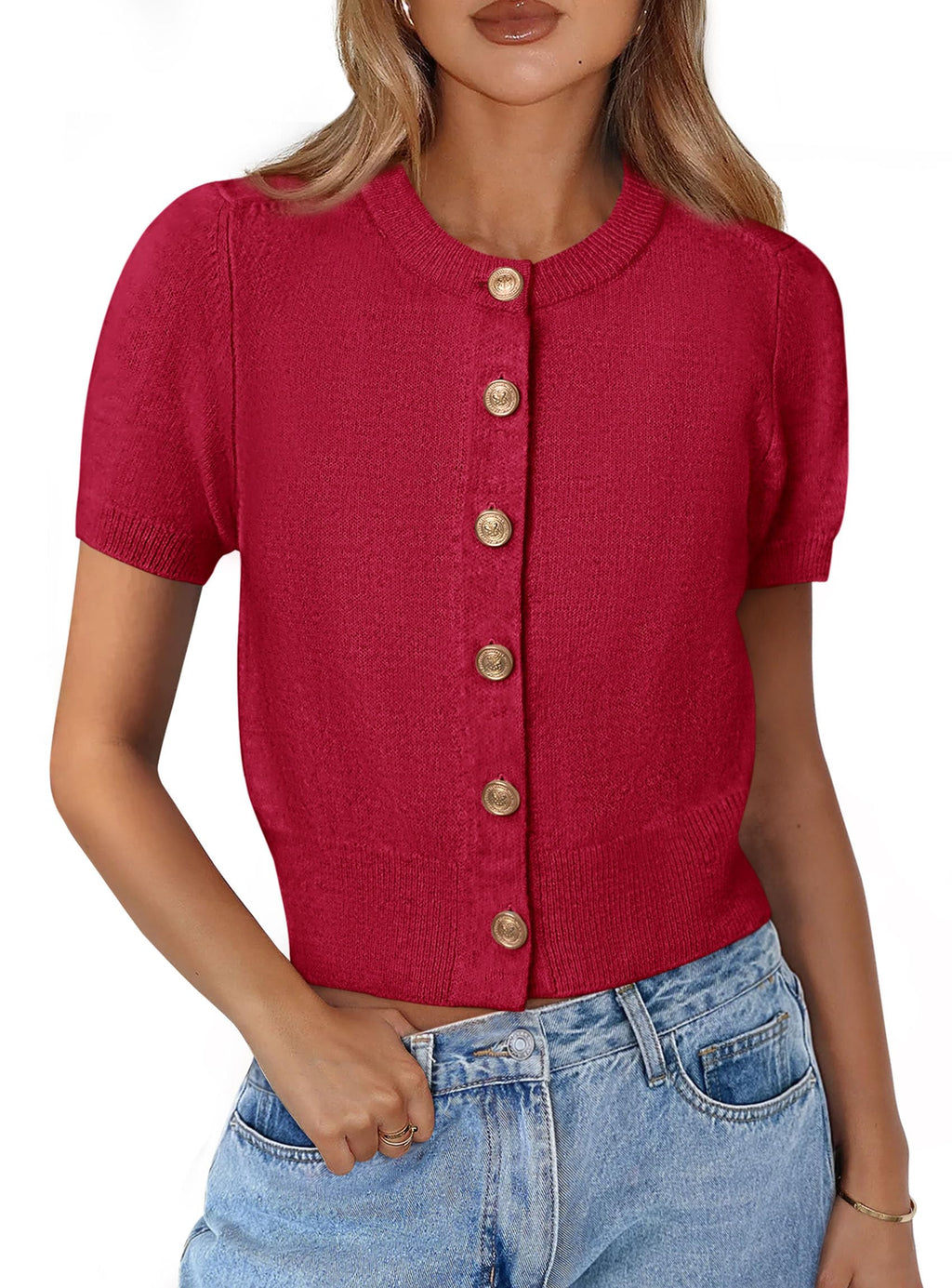 PRETTYGARDEN Womens Casual Summer Short Sleeve Cardigans Button Down Knitted Sweater Basic Crew Neck Crop Tops