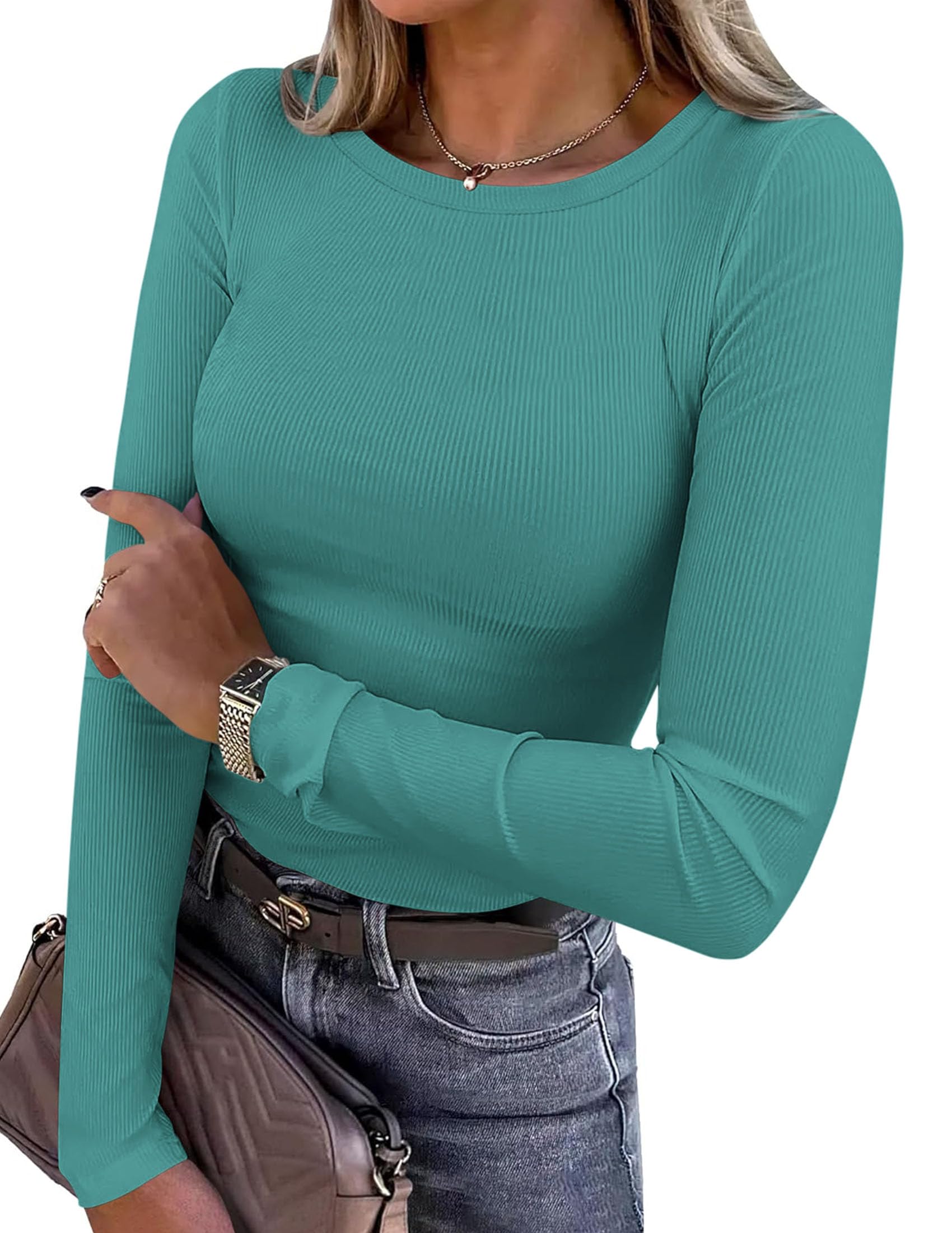 PRETTYGARDEN Women Fall Clothes Long Sleeve Shirts Ribbed Knit Fitted Basic Tee Going Out Tops Underscrub Casual Outfits