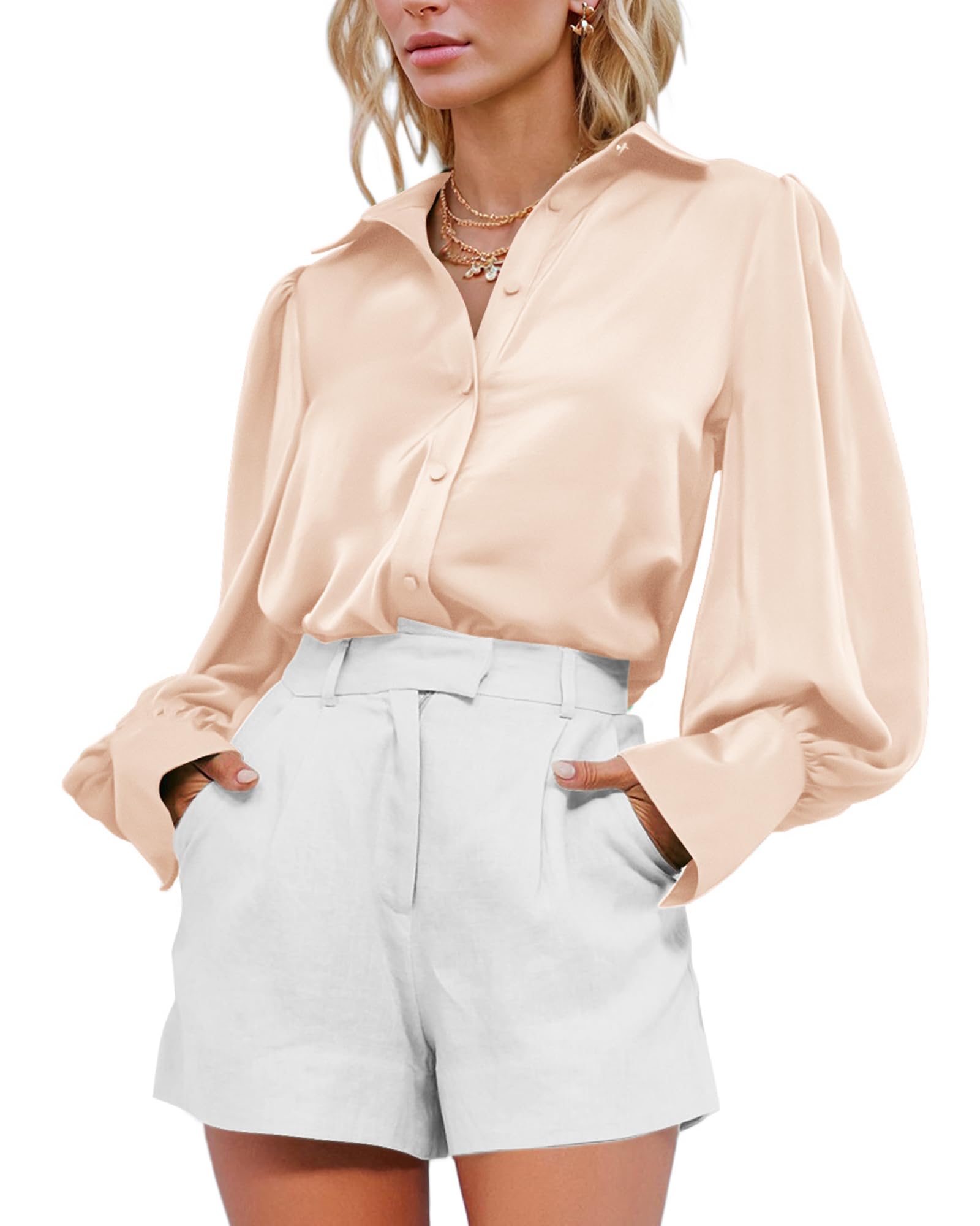 BTFBM Women Satin Blouses Summer Fall Clothes Button Down Lantern Long Sleeve Shirts Work Business Casual Dressy Tops