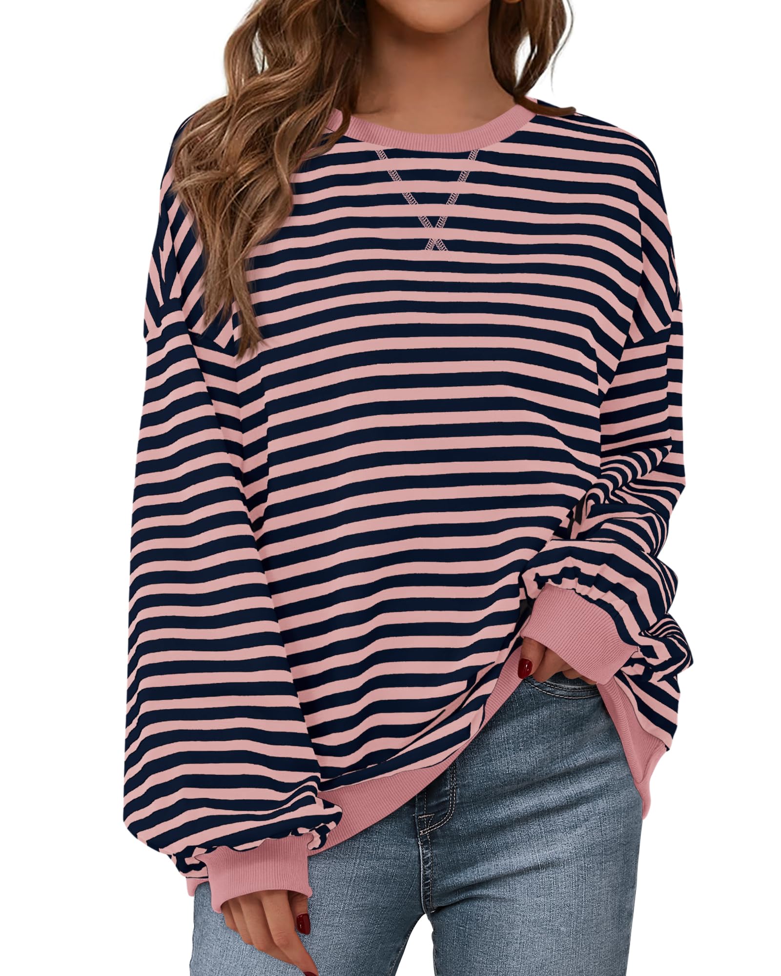 BTFBM Sweatshirt For Women Summer Crewneck Long Sleeve Oversized Striped Pullover Tops Y2K Clothes Workout Shirt