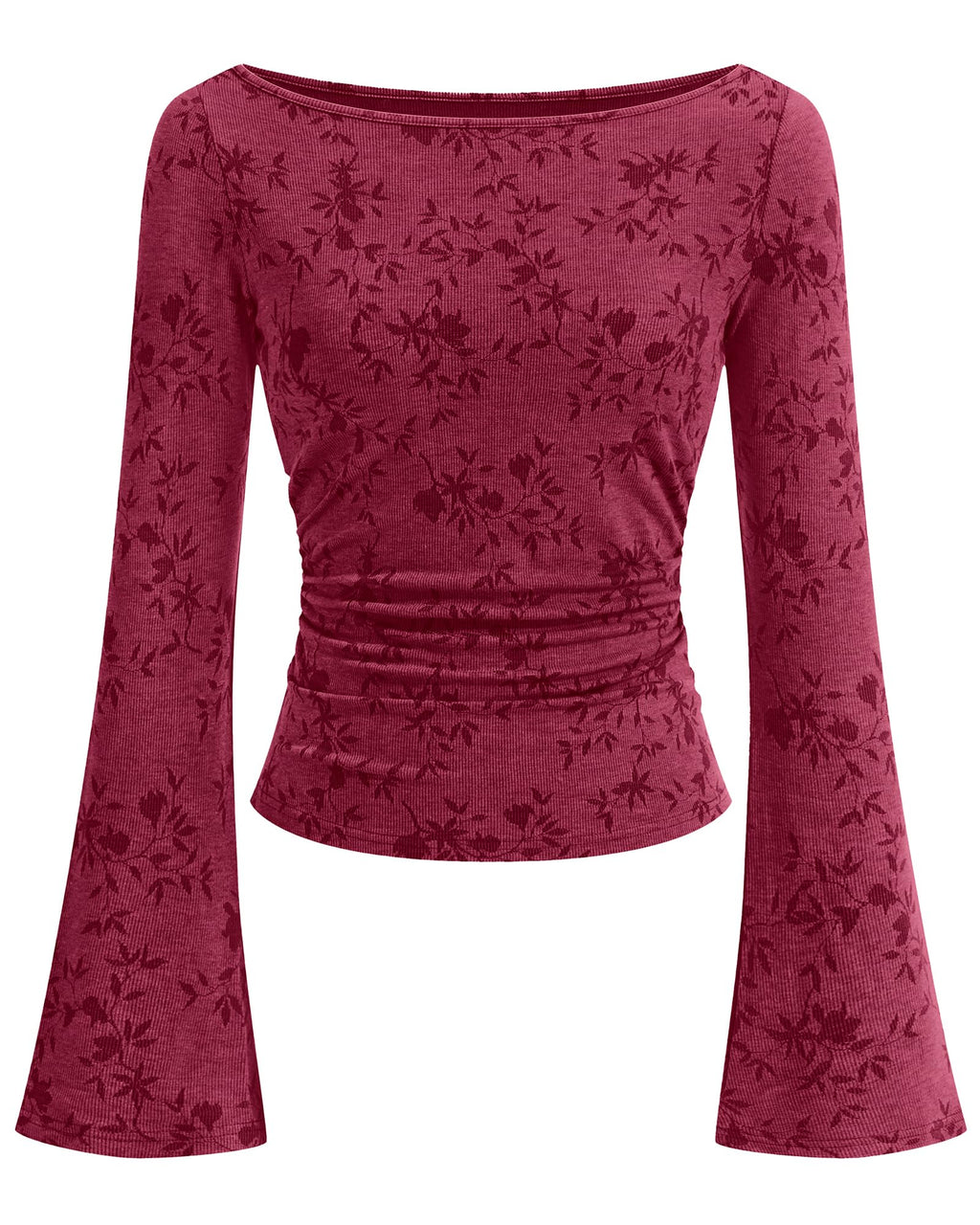 BTFBM Womens Bell Long Sleeve Boat Neck Floral Ribbed Knit Tops Stretchy Crop Tops for Women Trendy, Casual Y2K Going Out Top,Ruched Slim Fit Cute T Shirt,Fall Outfits,Fashion Clothing