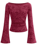 BTFBM Womens Bell Long Sleeve Boat Neck Floral Ribbed Knit Tops Stretchy Crop Tops for Women Trendy, Casual Y2K Going Out Top,Ruched Slim Fit Cute T Shirt,Fall Outfits,Fashion Clothing