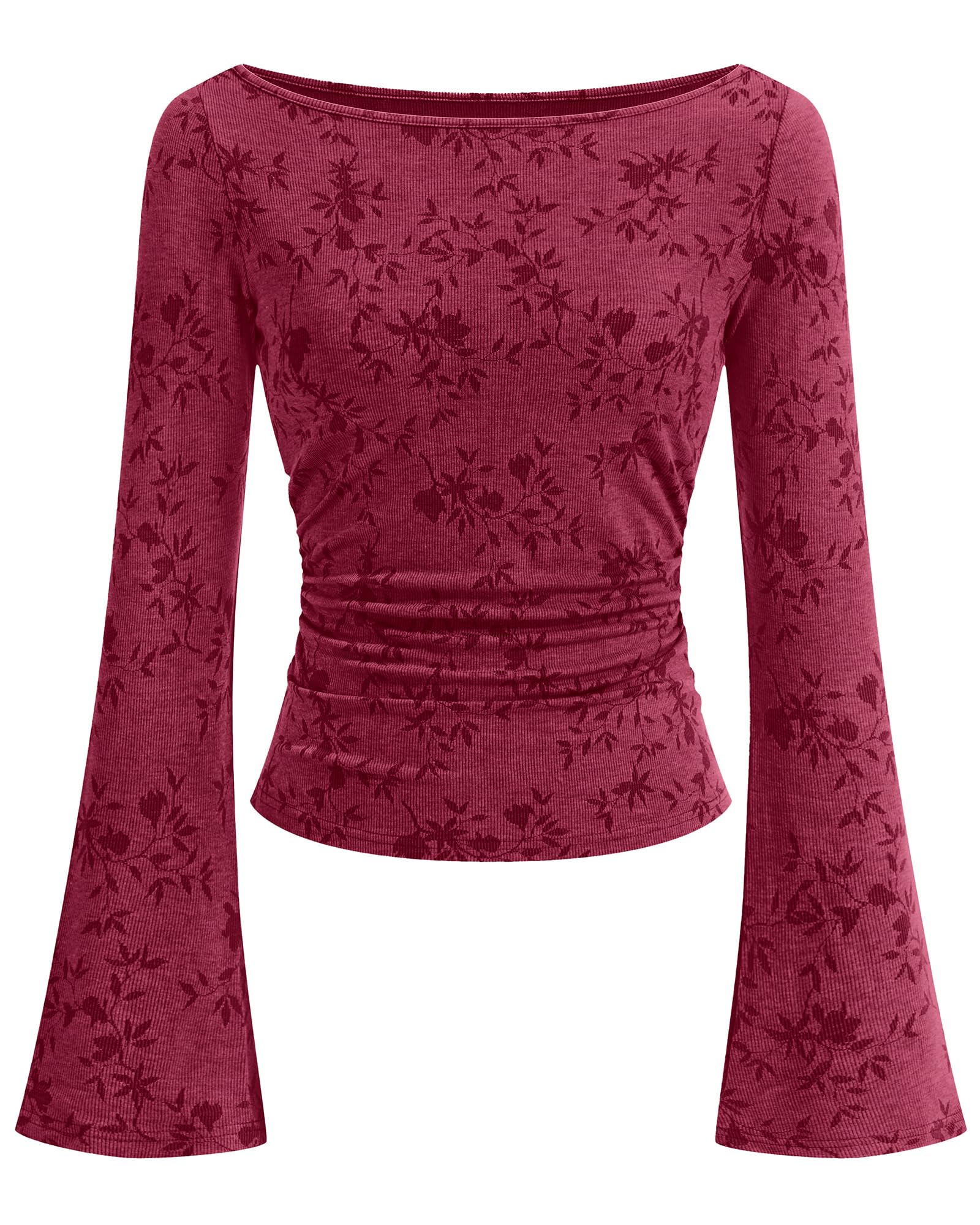 BTFBM Womens Bell Long Sleeve Boat Neck Floral Ribbed Knit Tops Stretchy Crop Tops for Women Trendy, Casual Y2K Going Out Top,Ruched Slim Fit Cute T Shirt,Fall Outfits,Fashion Clothing
