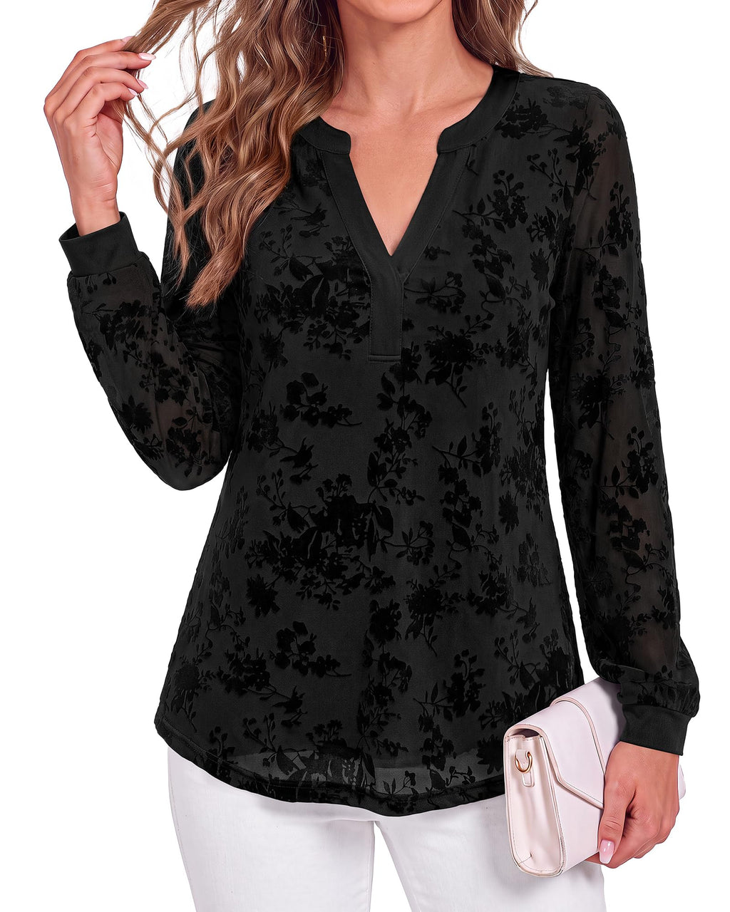 BTFBM Womens Tops Floral Sheer Mesh Long Sleeve Blouses Dressy Casual V Neck Flocked Mesh Shirts,Velvet-Like Flowers,Double Layered,Loose Fit Tunics,Business Casual Top,Fall Fashion Clothing