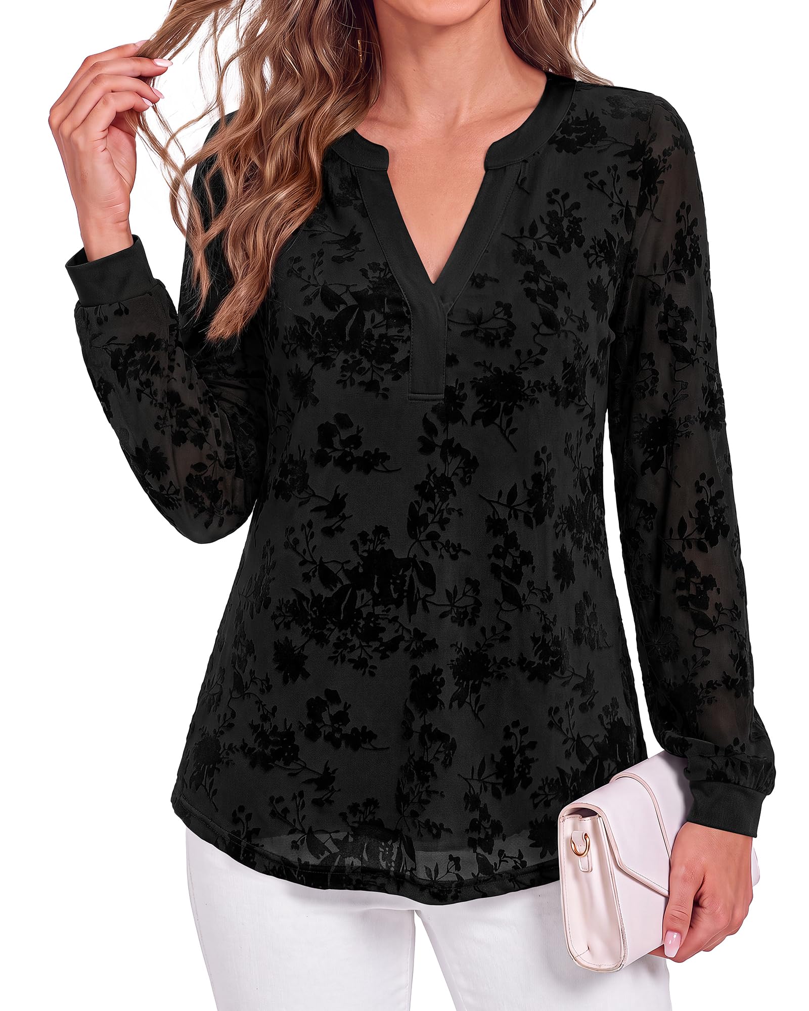 BTFBM Womens Tops Floral Sheer Mesh Long Sleeve Blouses Dressy Casual V Neck Flocked Mesh Shirts,Velvet-Like Flowers,Double Layered,Loose Fit Tunics,Business Casual Top,Fall Fashion Clothing