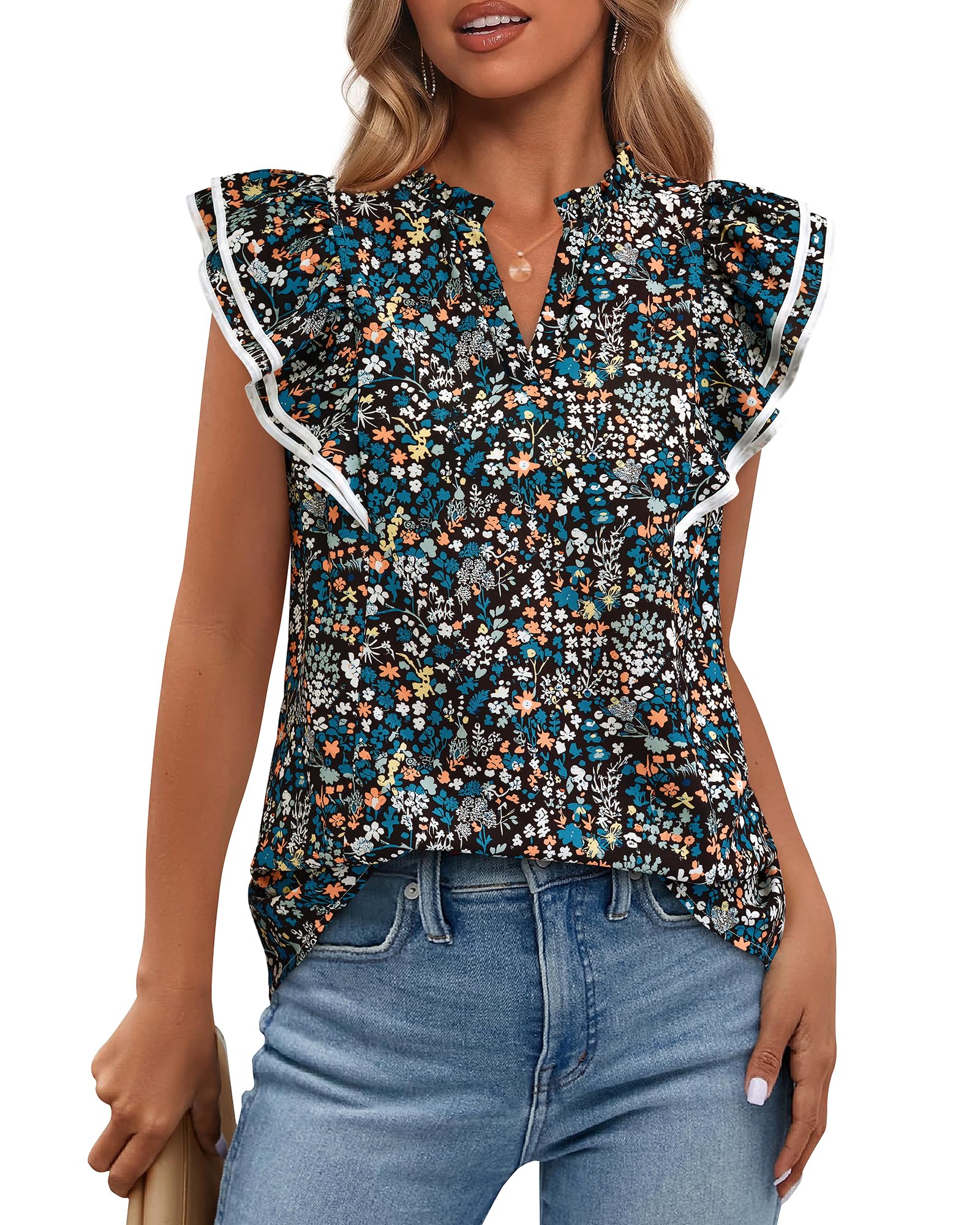 FreshPretty Womens Tops Dressy Casual Spring Summer Shirts Boho Floral V Neck Ruffle Cap Sleeve Business Work Blouses