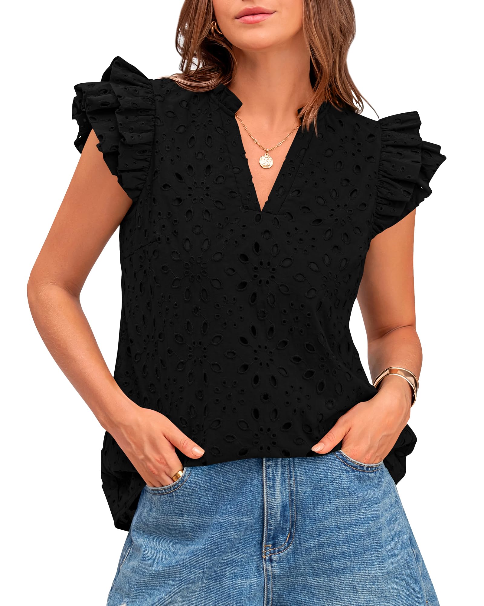 FreshPretty Women Summer Eyelet Tops Dressy Casual V Neck Ruffle Cap Sleeve Cotton Boho Shirts Lace Embroidered Blouses