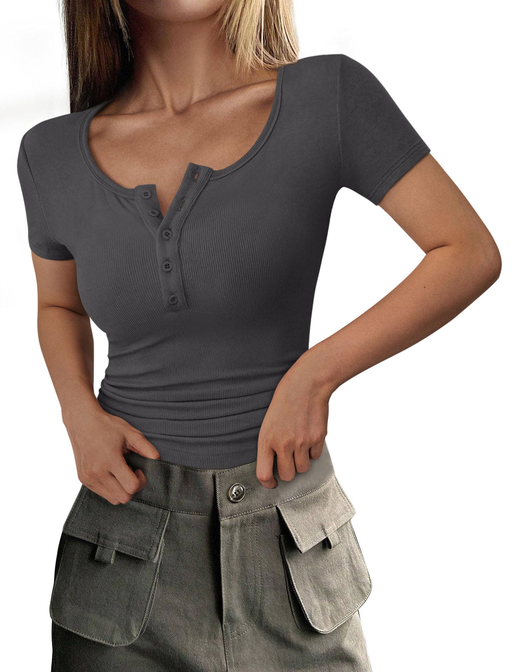 PRETTYGARDEN Women's  Fall Summer Short Sleeve Tops Ribbed Henley Button Slim Fit Basic Casual T Shirts Blouse Clothing