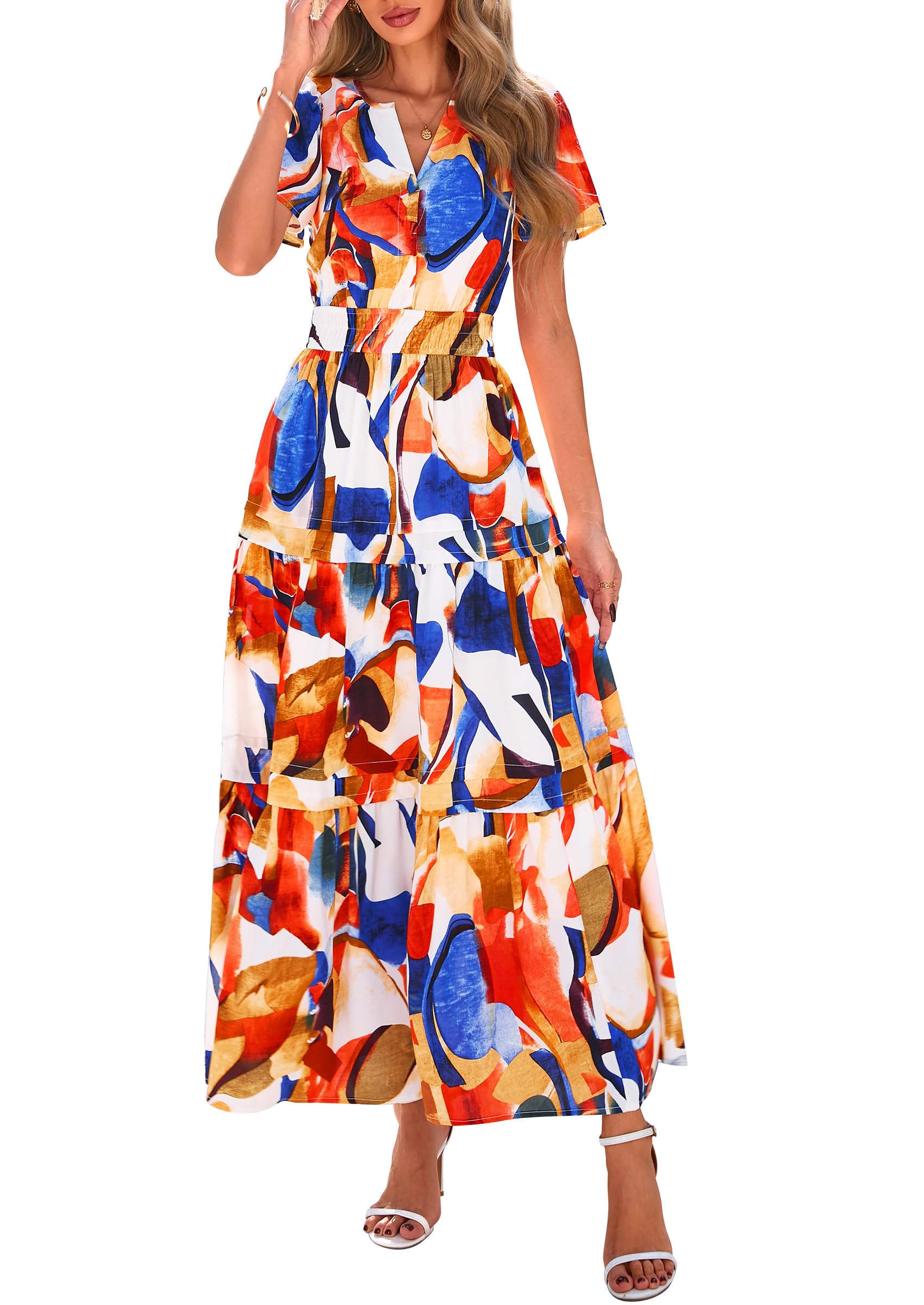 PRETTYGARDEN Summer Maxi Dresses for Women  Casual V Neck Puff Short Sleeve Smocked Flowy Beach Boho Long Floral Dress