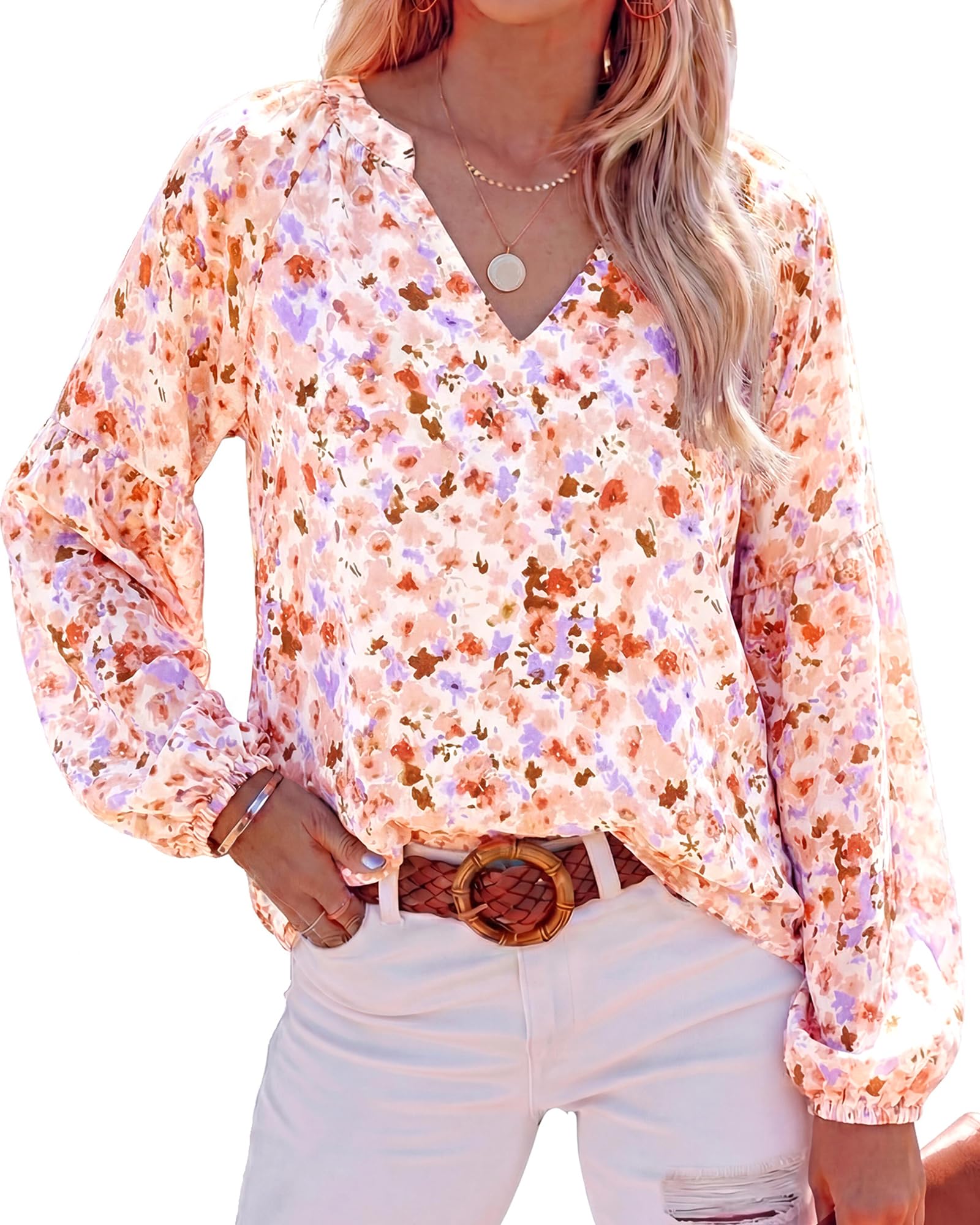 BTFBM Blouses for Women Dressy Casual Floral Summer Boho Tops V Neck Lightweight Long Sleeve Shirts Spring Clothes