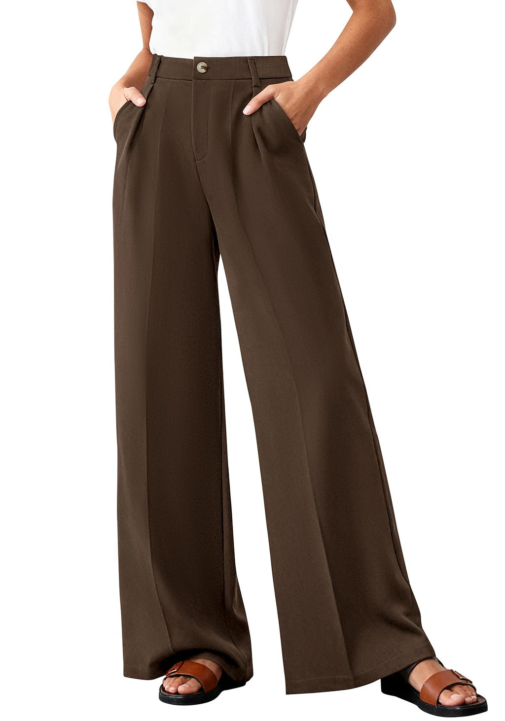 BTFBM Wide Leg Pants Woman High Waisted Button Business Casual Dressy Trousers Office Work Palazzo Pants Pockets