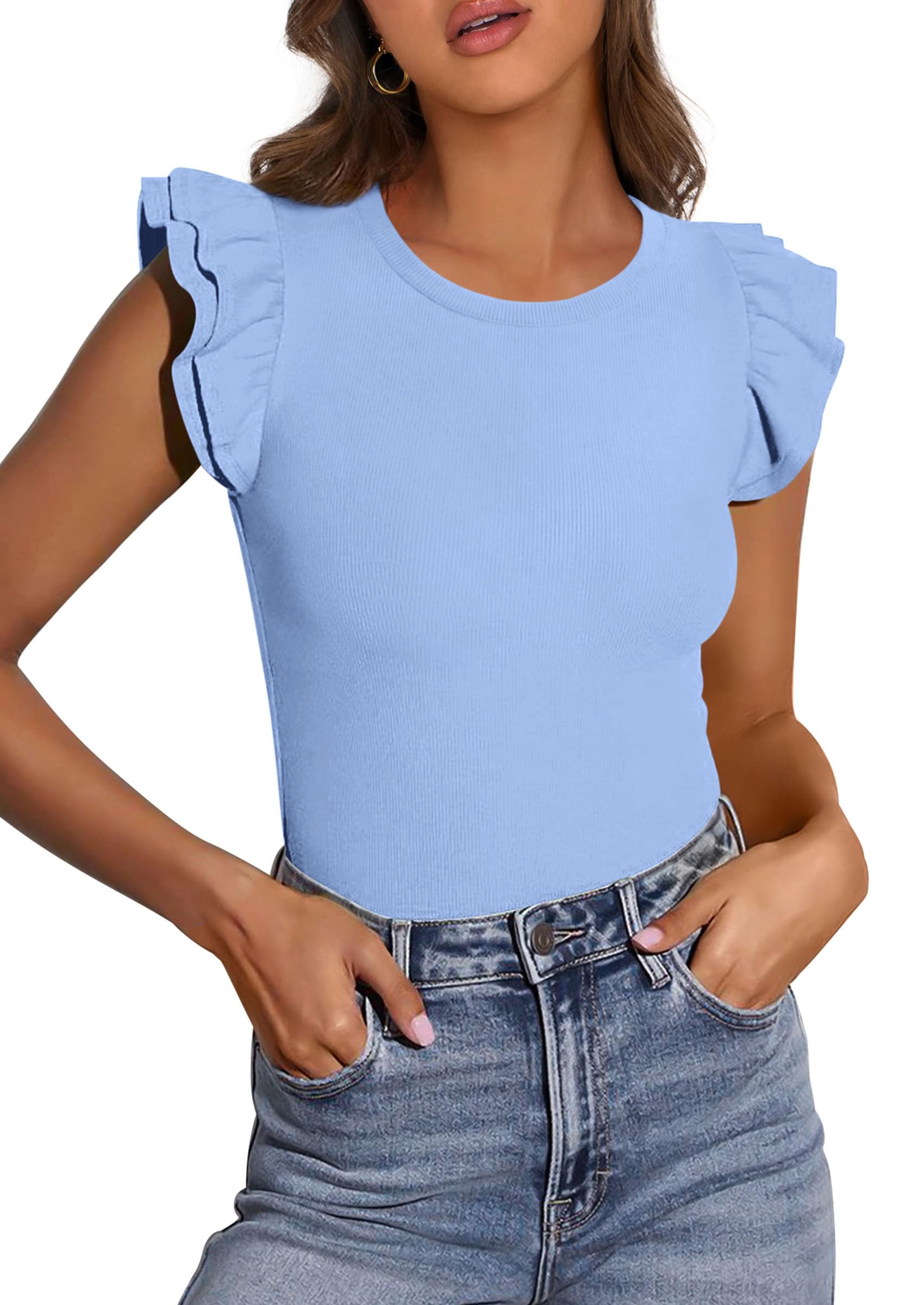 PRETTYGARDEN Womens Summer Crew Neck T Shirts Trendy Ruffle Sleeve Slim Fit Knit Going Out Tops Casual Spring Clothes