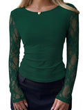 BTFBM Fall Tops for Women Sheer Lace Long Sleeve Top Slim Fit Blouses Crew Neck, Lightweight Basic Tees, See Through Layering Top, Sexy Fashion Clothing, Party Club Date Night Going Out Outfits