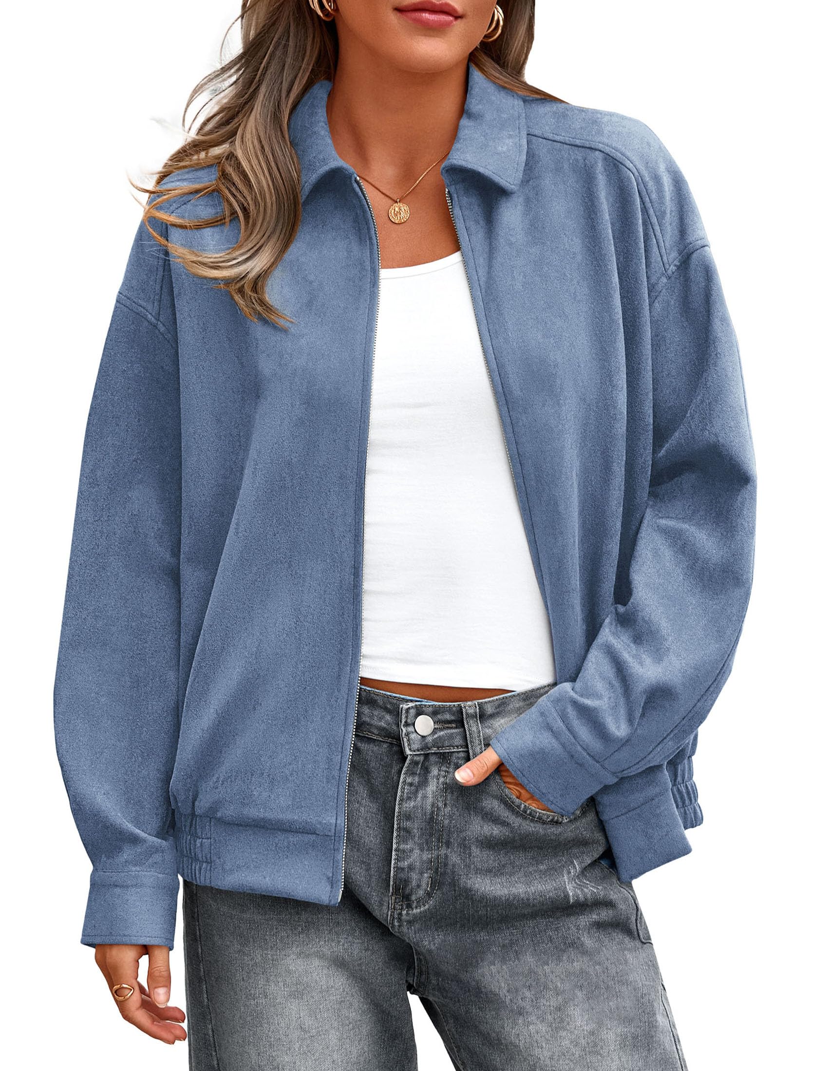 PRETTYGARDEN Faux Suede Bomber Jacket Women Fall Fashion Casual Zip Up Oversized Trendy Winter Clothing Outerwear Coats