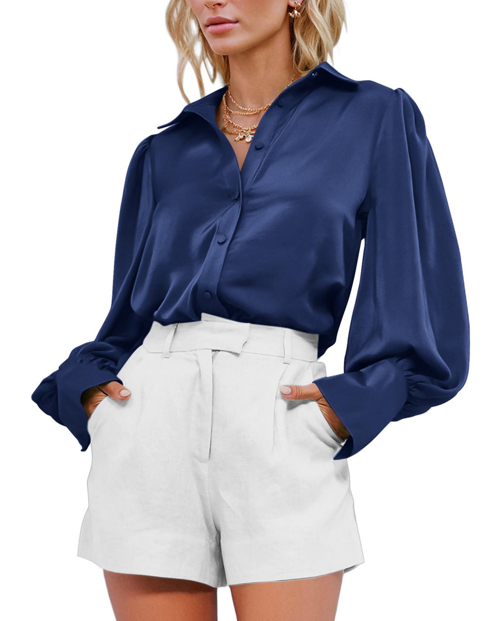 BTFBM Women Satin Blouses Summer Fall Clothes Button Down Lantern Long Sleeve Shirts Work Business Casual Dressy Tops