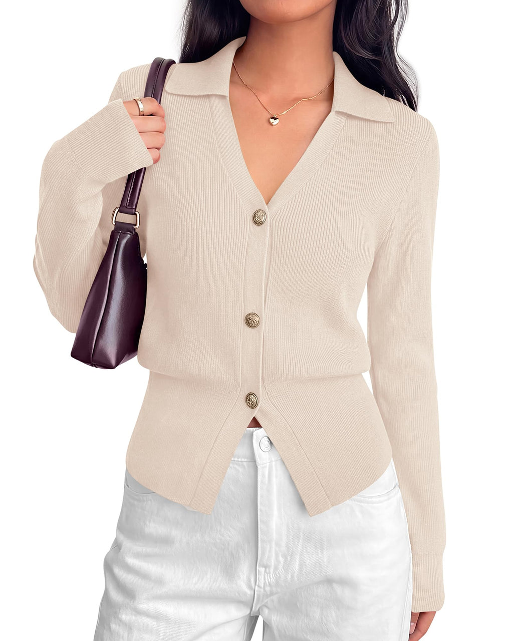BTFBM Women Long Sleeve Lightweight Cardigans Knitted Button Down Shirts Lapel V Neck, Cropped Sweaters, Slim Fit, Ribbed, Y2K Going Out Tops, Business Casual Outfits, Spring, Fall, Winter Layering