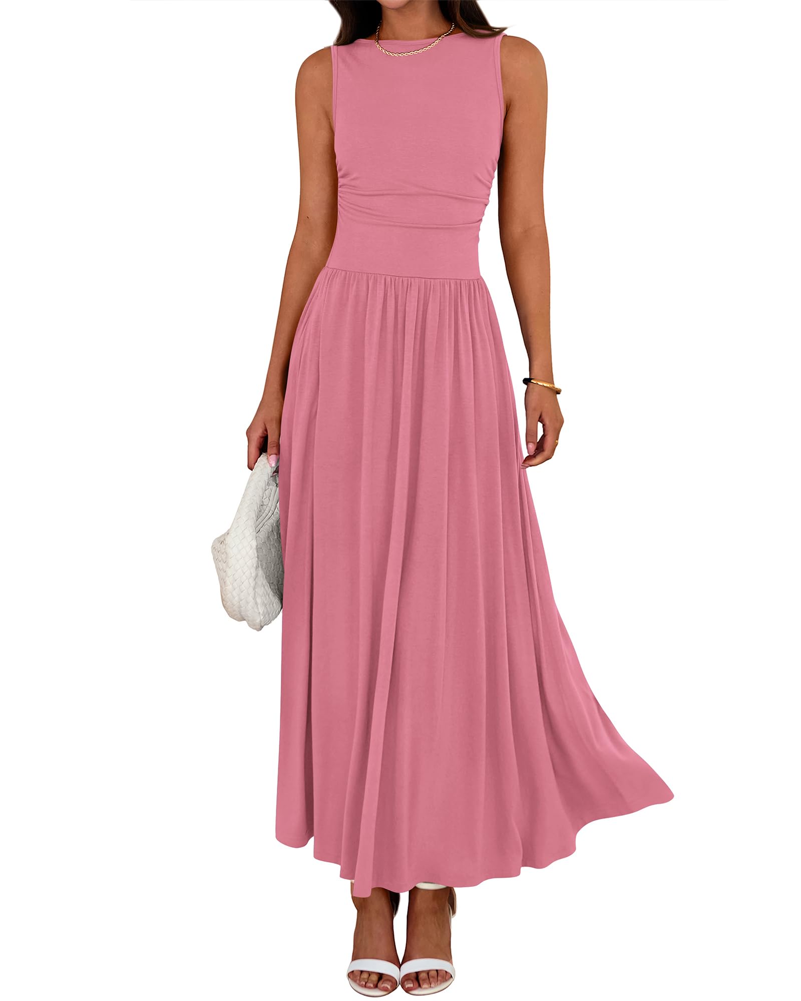 BTFBM Summer Maxi Dresses for Women Spring Sleeveless Casual Ruched High Waisted Long Sundress Flowy Beach Dress