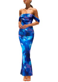PRETTYGARDEN Cocktail Dresses for Women Summer Floral Off Shoulder Ruched Mesh Elegant Wedding Guest Maxi Dress