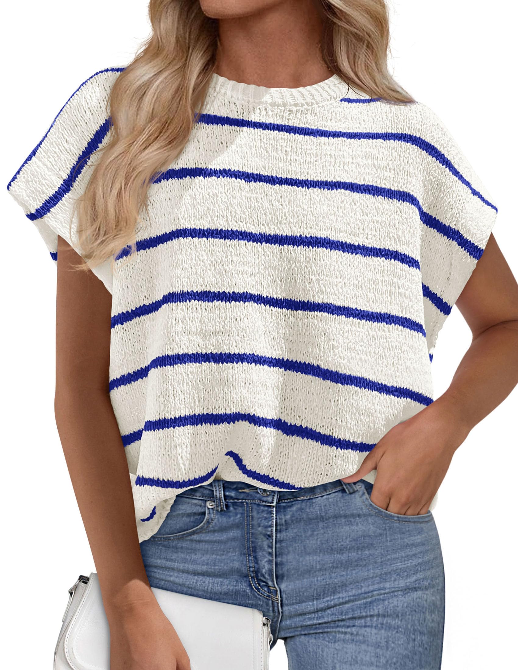 PRETTYGARDEN Womens Summer Short Sleeve Tops Trendy Crew Neck Striped Knit Sweater Business Casual Spring Clothes
