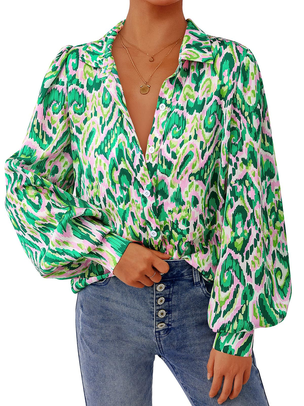 PRETTYGARDEN Women's Floral Blouses Dressy Casual V Neck Button Down Shirts Lantern Long Sleeve Boho Chiffon Spring Tops