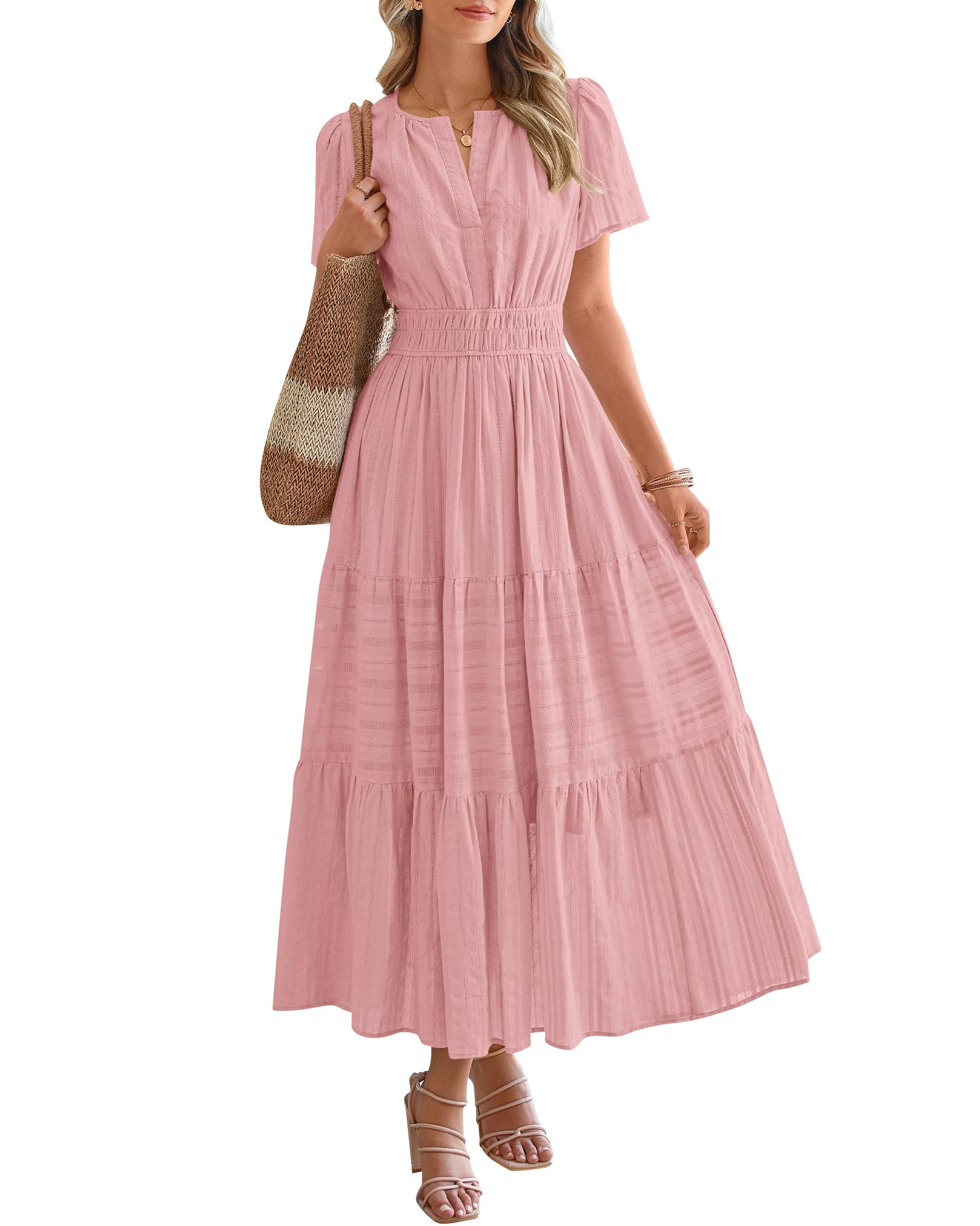 BTFBM Womens Summer Casual Midi Maxi Dresses Lightweight Short Sleeve V Neck Elastic Waist Boho Beach Dress Pockets