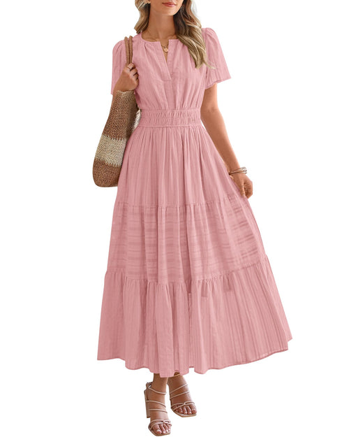 BTFBM Womens Summer Casual Midi Maxi Dresses Lightweight Short Sleeve V Neck Elastic Waist Boho Beach Dress Pockets