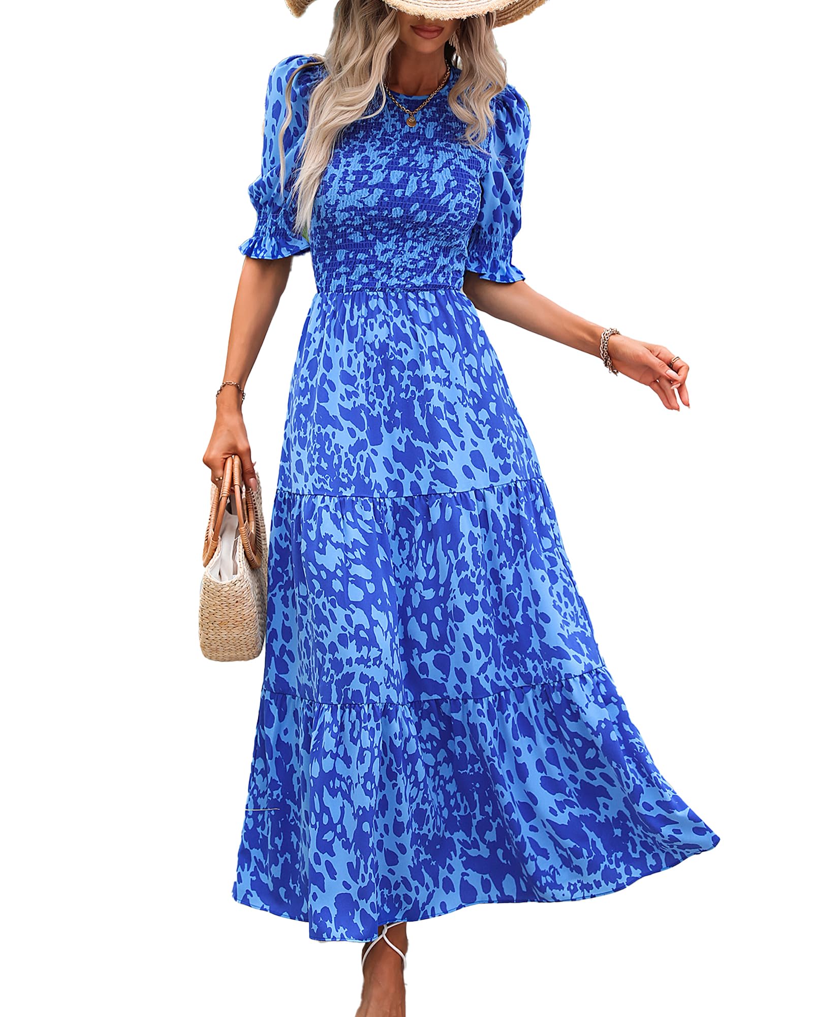 FreshPretty Women Casual Summer Dresses Spring Crew Neck Ruffle Short Sleeve Floral Print Smocked Boho Flowy Maxi Dress