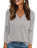 PRETTYGARDEN Women's Long Sleeve Shirts Fall Fashion Clothes Casual Ribbed V Neck Loose Tunic Tops Lightweight Sweaters