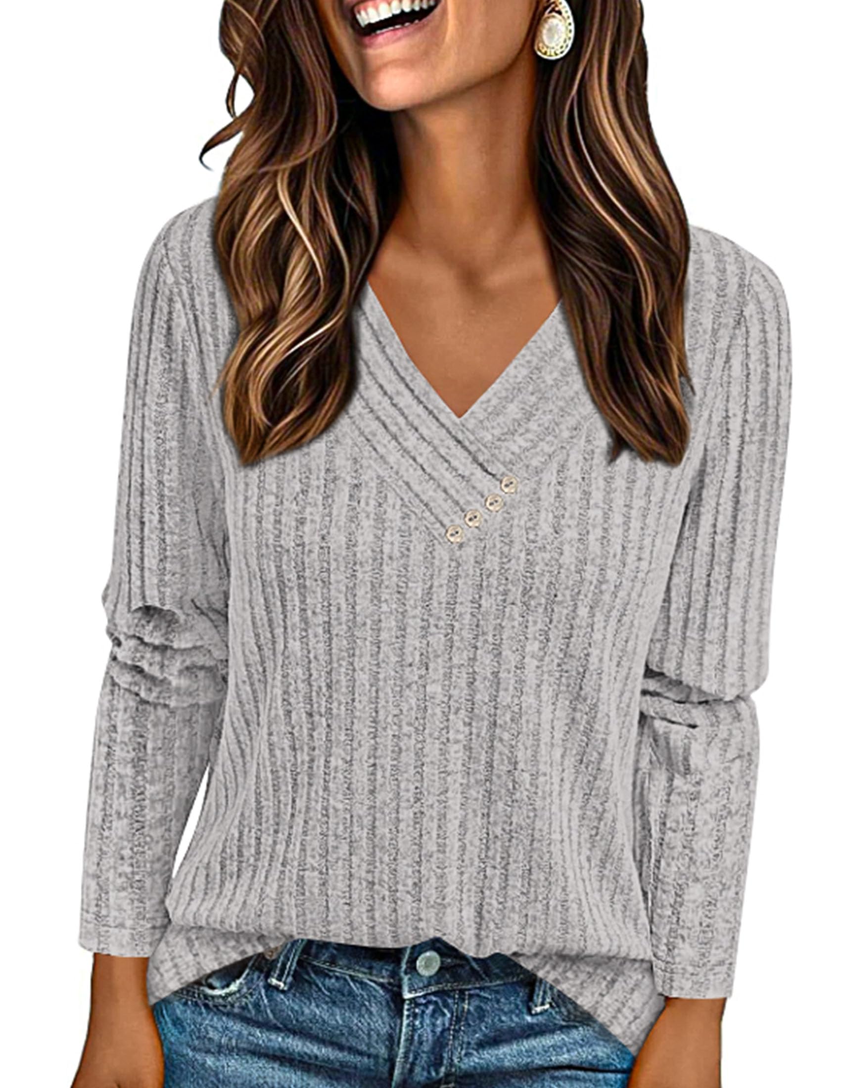 PRETTYGARDEN Women's Long Sleeve Shirts Fall Fashion Clothes Casual Ribbed V Neck Loose Tunic Tops Lightweight Sweaters