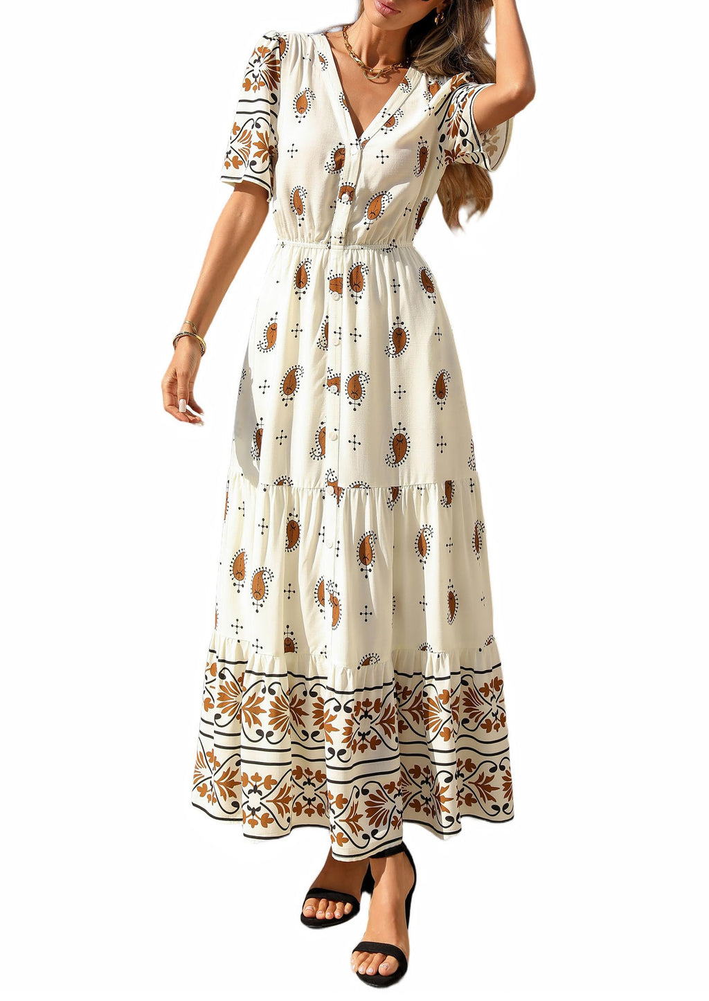 PRETTYGARDEN Womens Summer Boho Maxi Dress Trendy Short Sleeve V Neck Flowy Beach Floral Dresses with Pockets
