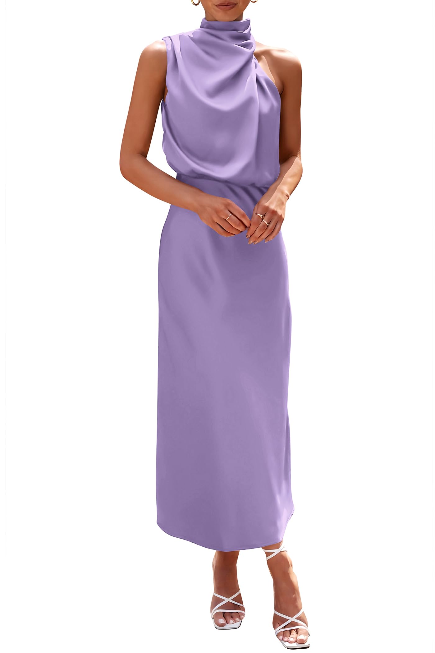 PRETTYGARDEN Women's Summer Satin Dress Elegant Sleeveless Mock Neck Cocktail Party Maxi Dresses