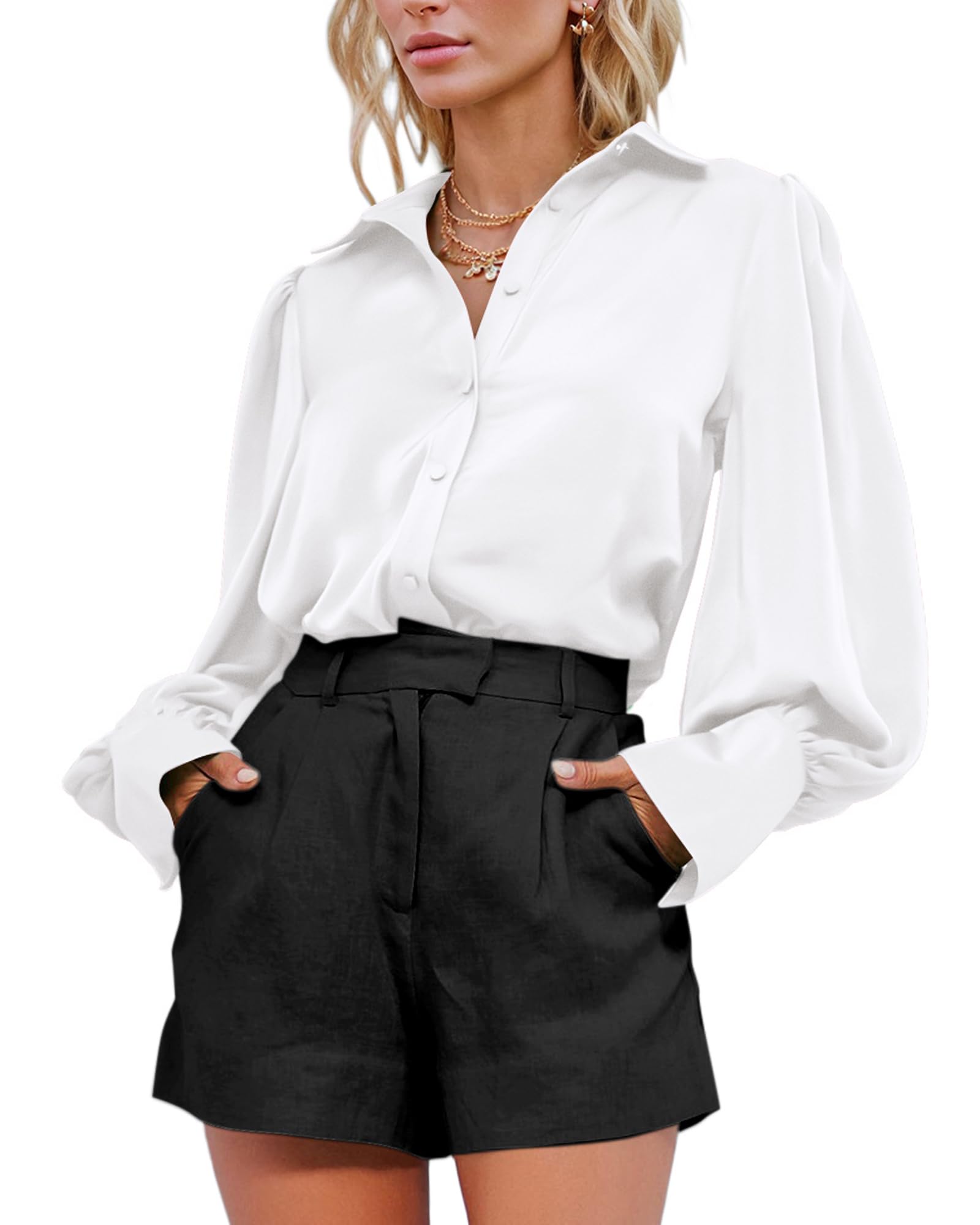 BTFBM Women Satin Blouses Summer Fall Clothes Button Down Lantern Long Sleeve Shirts Work Business Casual Dressy Tops