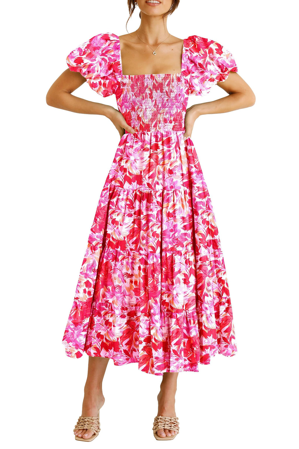 PRETTYGARDEN Women's Casual Summer Midi Dress Puffy Short Sleeve Square Neck Smocked Tiered Ruffle Dresses