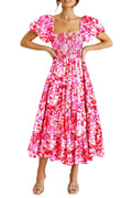 PRETTYGARDEN Women's Casual Summer Midi Dress Puffy Short Sleeve Square Neck Smocked Tiered Ruffle Dresses