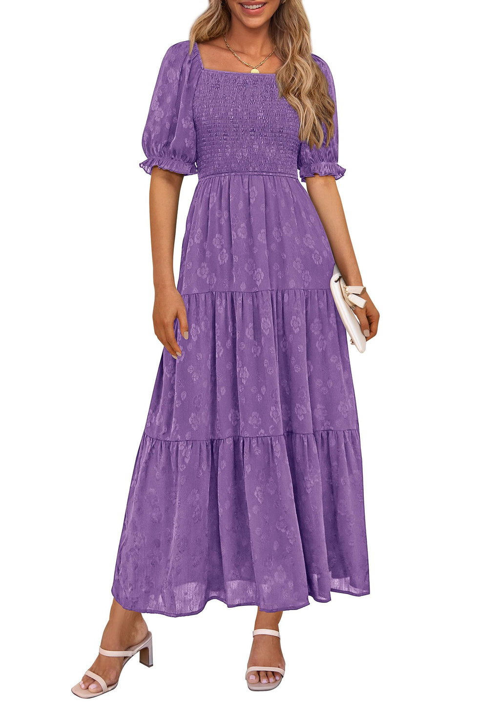 PRETTYGARDEN Women's Summer Casual Midi Dresses Square Neck Short Sleeve Smocked A Line Floral Flowy Elegant Boho Dress