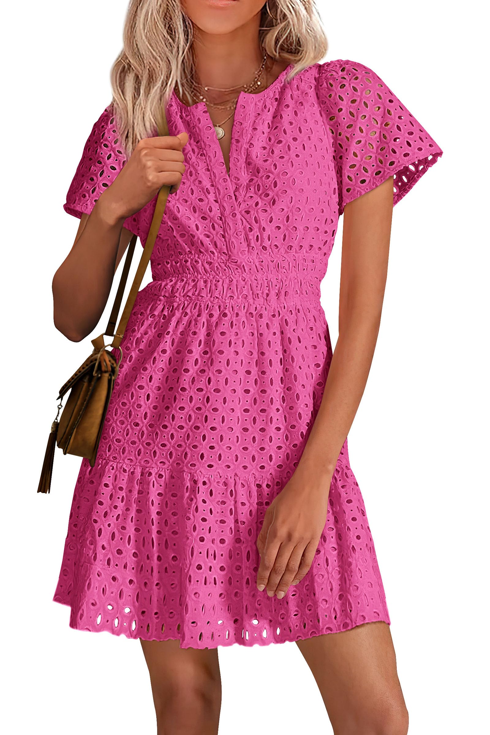 PRETTYGARDEN Womens Summer Short Dress V Neck Short Sleeve A Line Hollow Out Lace Ruffle Cute Casual Beach Party Dresses