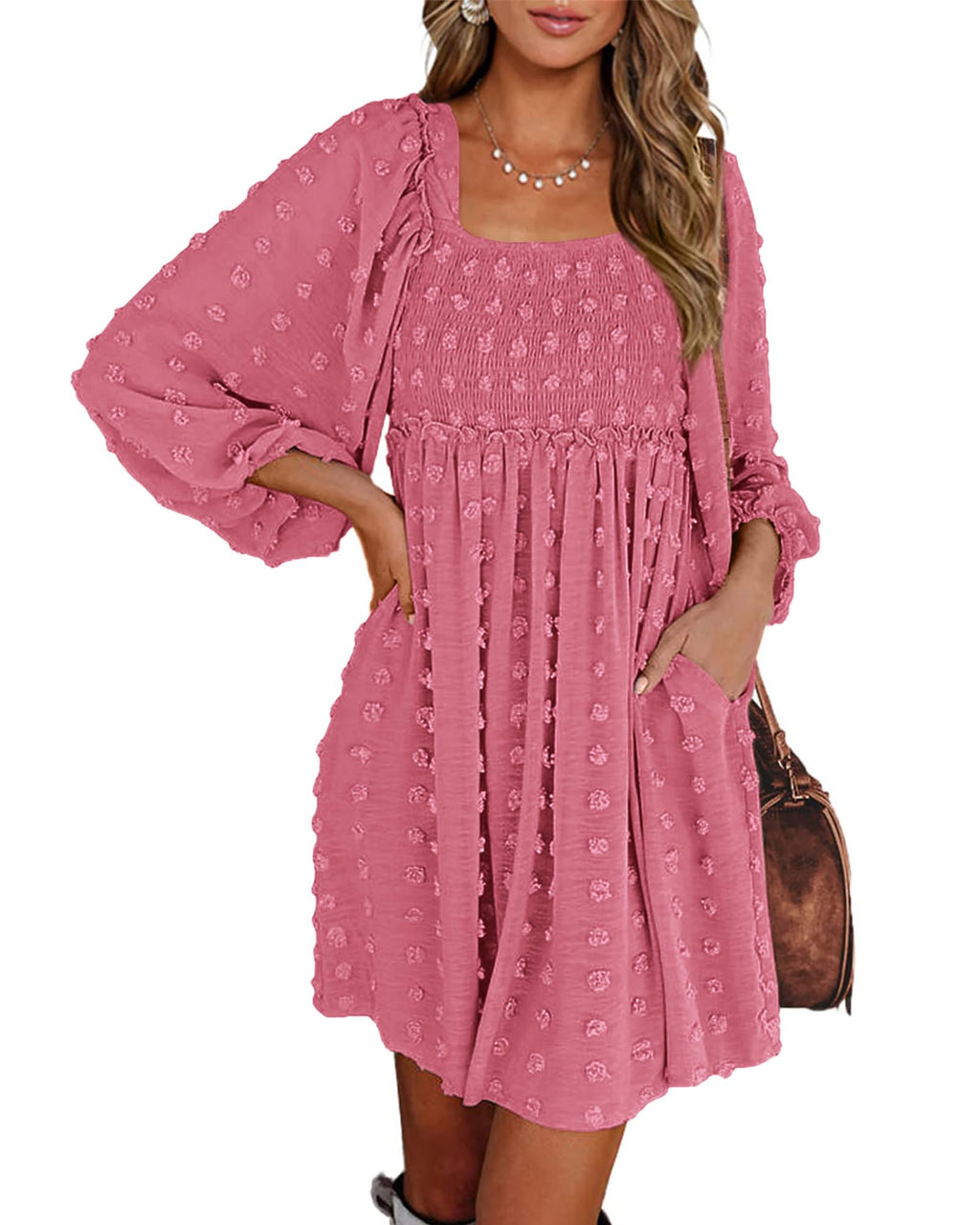BTFBM Womens Long Sleeve Dress Summer Vacation Square Neck Smocked Floral Mini Boho Spring Wedding Guest Dresses