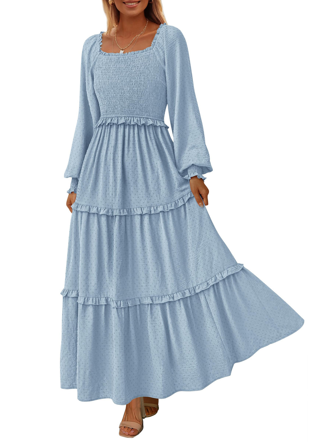 PRETTYGARDEN Fall Dresses for Women Long Sleeve Smocked Square Neck Swiss Dot Tiered Flowy Wedding Guest Maxi Dress