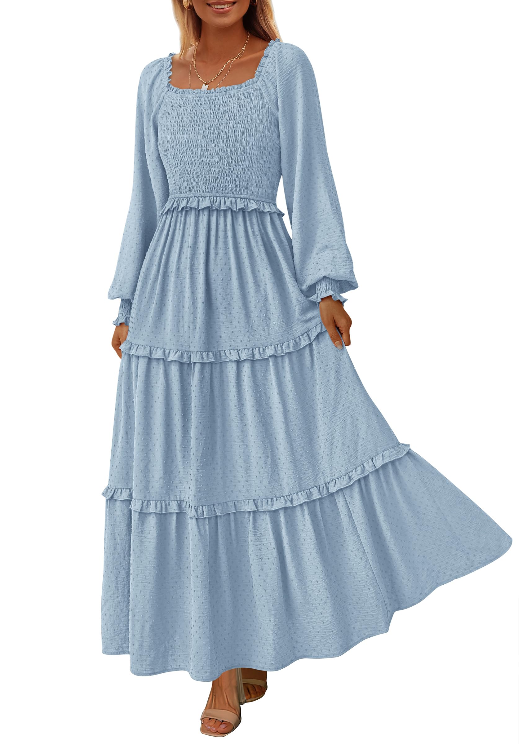 PRETTYGARDEN Fall Dresses for Women Long Sleeve Smocked Square Neck Swiss Dot Tiered Flowy Wedding Guest Maxi Dress