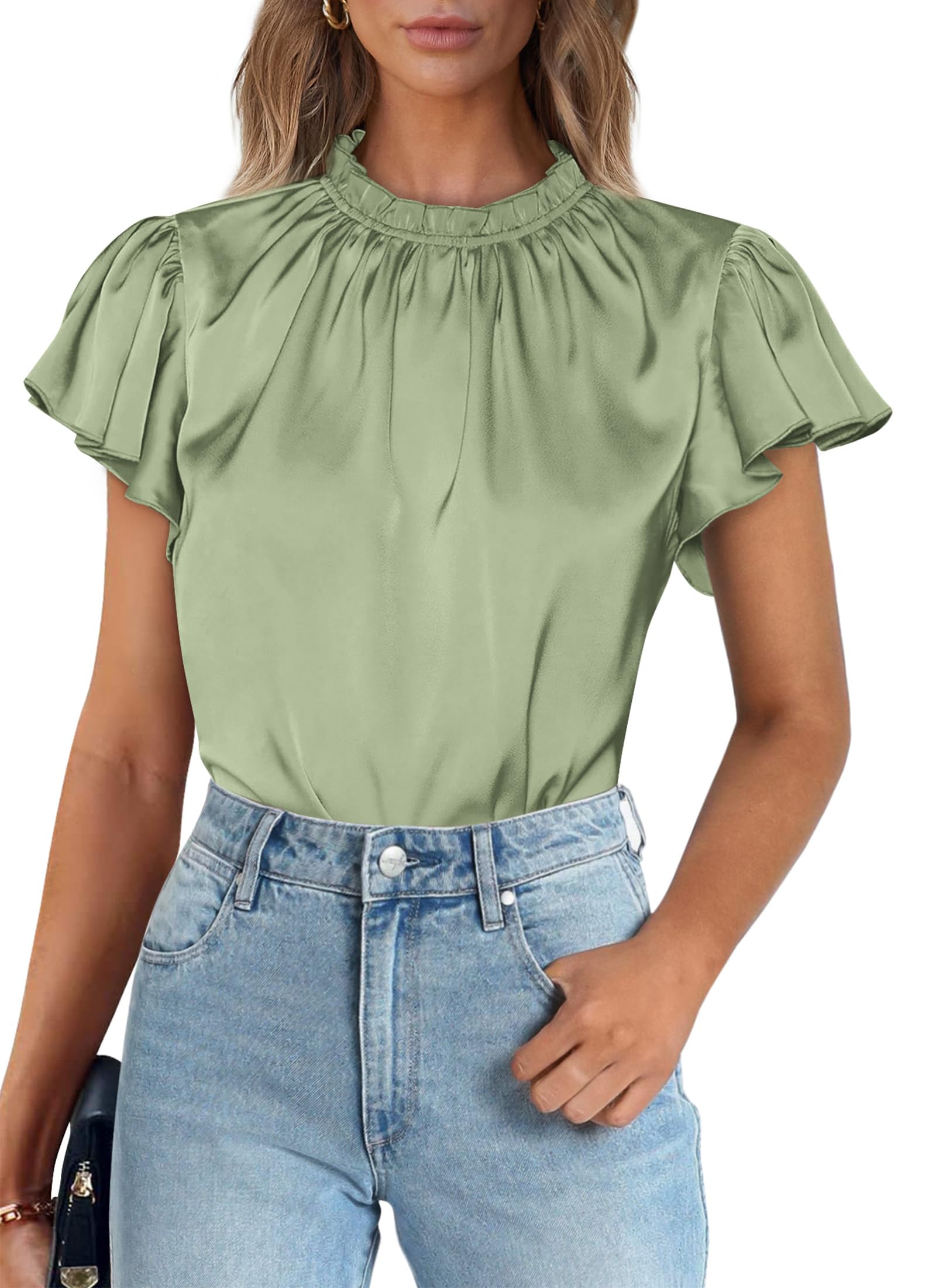 PRETTYGARDEN Business Casual Tops for Women Blouses Dressy  Summer Short Sleeve Ruffle Satin Work Office Attire