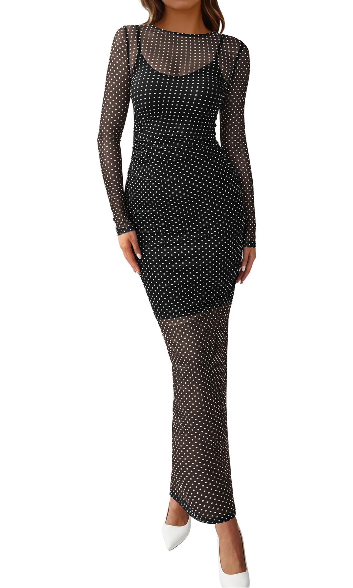 BTFBM Spring Dresses for Women 2 Piece Set Long Sleeve Polka Dot Sexy Bodycon Mesh Dress and Slip Dress Wedding