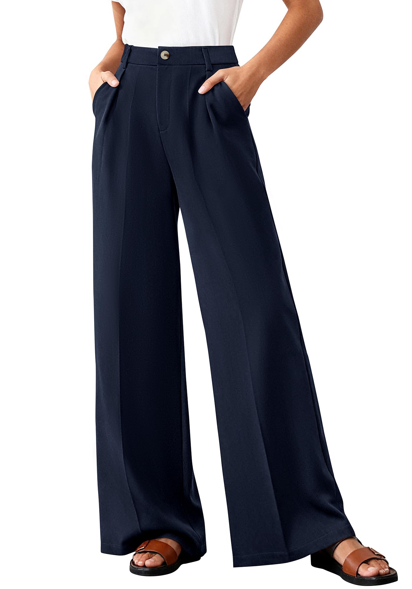 BTFBM Wide Leg Pants Woman High Waisted Button Business Casual Dressy Trousers Office Work Palazzo Pants Pockets