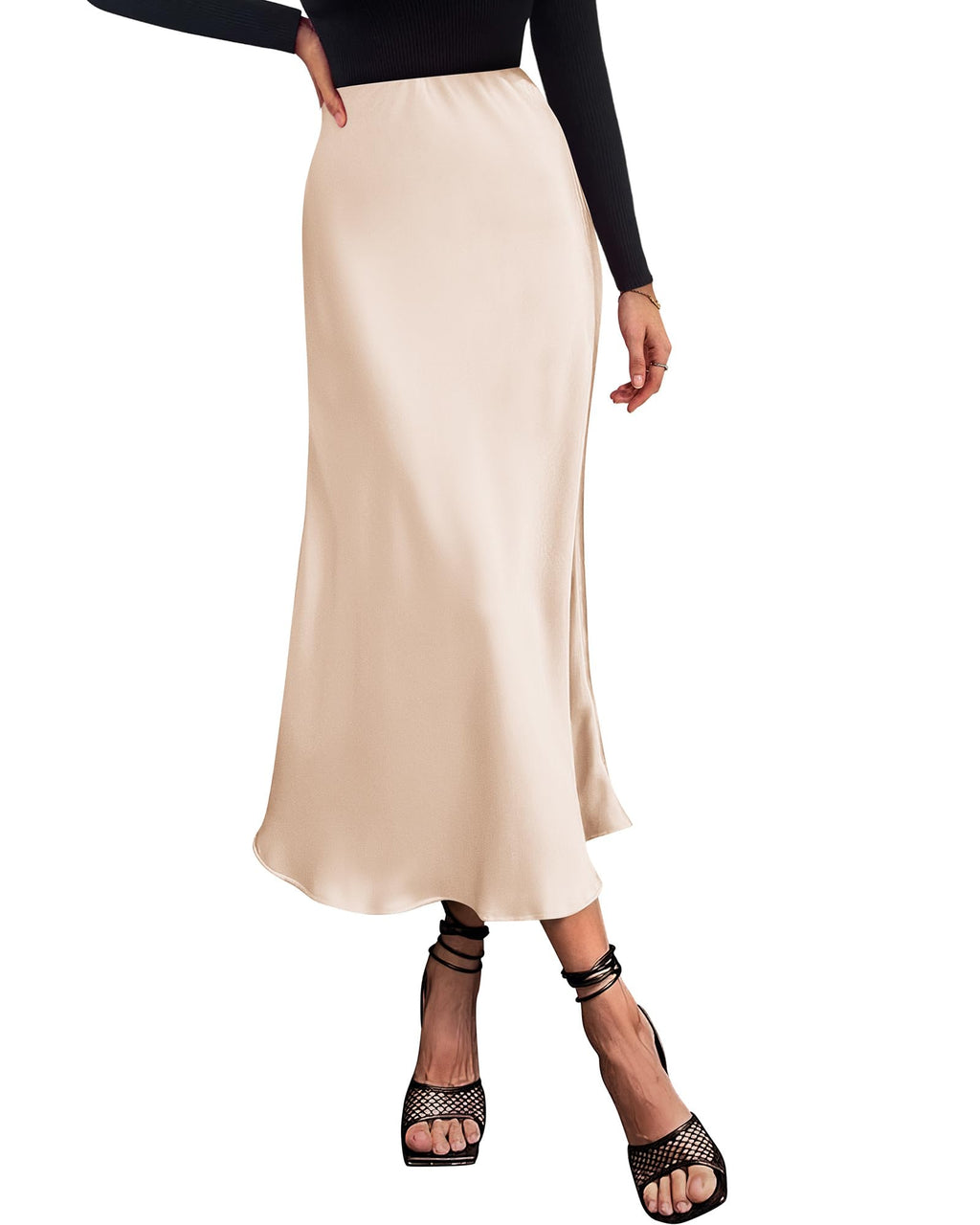 BTFBM Summer Womens Skirts Silk Elegant High Waist Flowy Long Satin A-Line Midi Skirt Cocktail Wedding Party