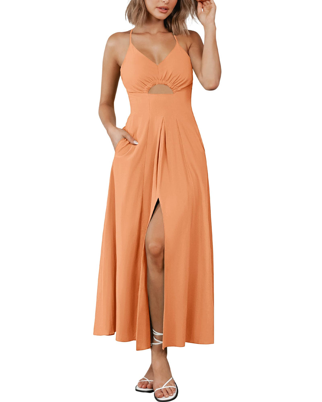 BTFBM Women Spaghetti Strap Midi Summer Dresses Sleeveless V Neck Cutout Slit Casual Beach Party Maxi Dress Pockets